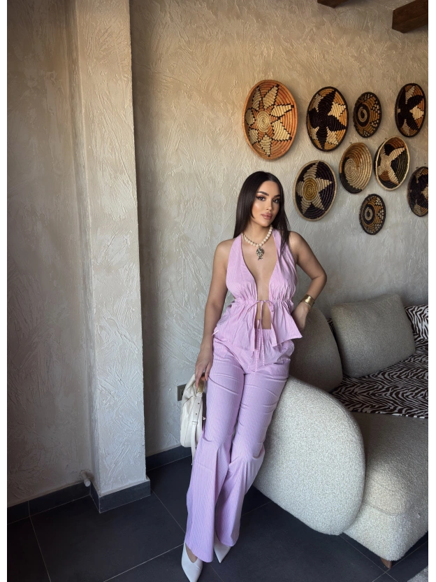 Pembe Çizgili Desen Boyundan Bağlamalı Takım