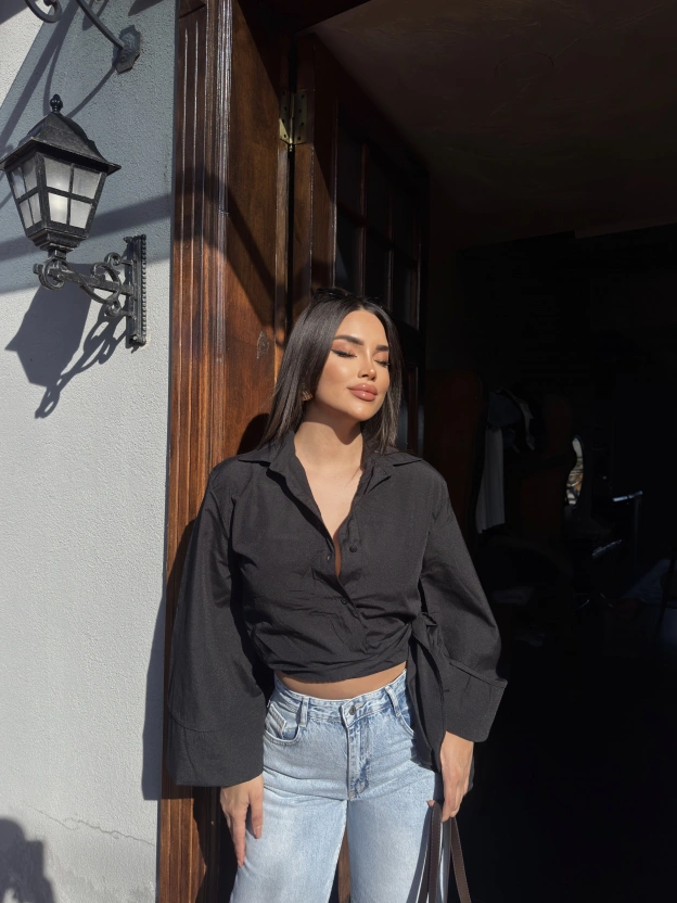 Siyah İspanyol Kol Bağlamalı Gömlek