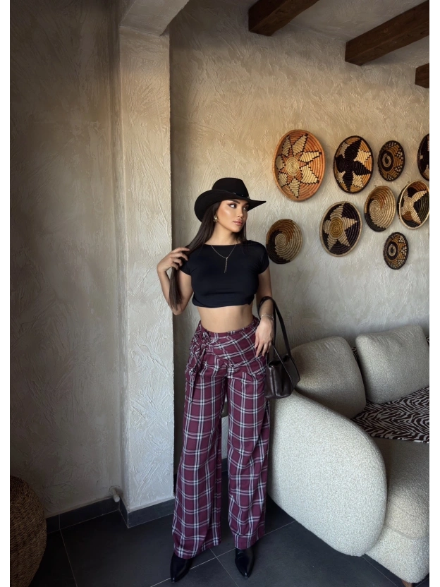 Bordo Beli Fularlı Tailored Fit Pantolon