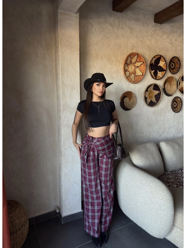 Bordo Beli Fularlı Tailored Fit Pantolon