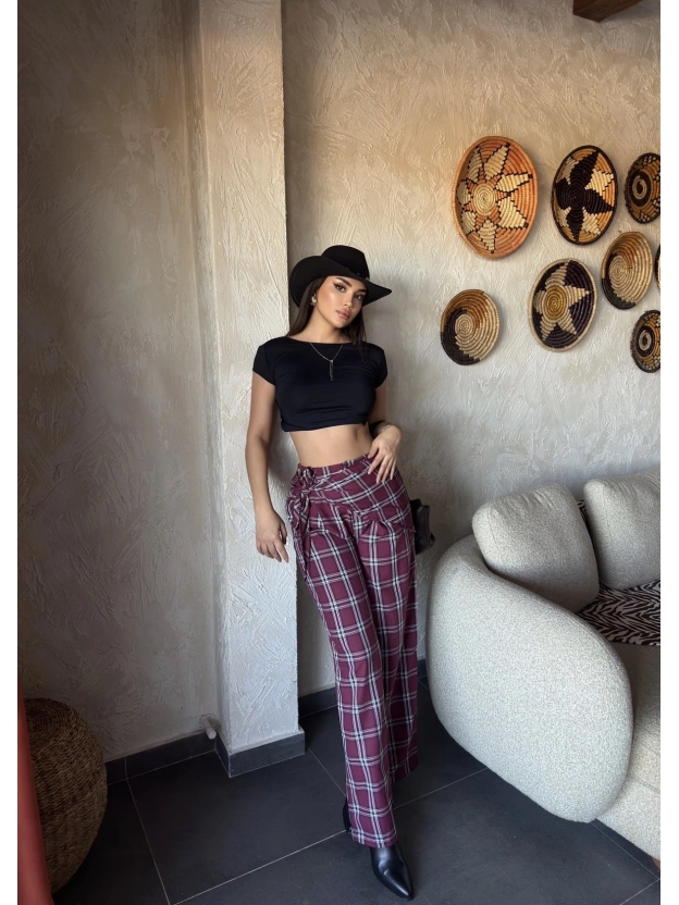 Bordo Beli Fularlı Tailored Fit Pantolon