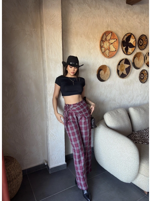 Bordo Beli Fularlı Tailored Fit Pantolon