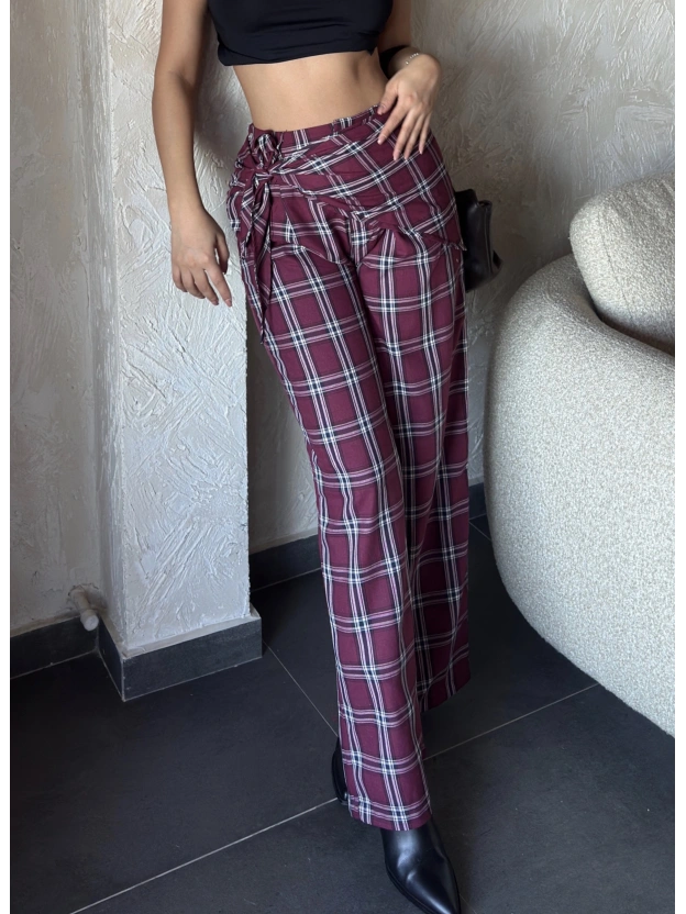 Bordo Beli Fularlı Tailored Fit Pantolon