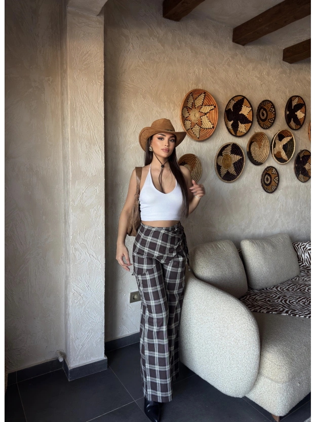 Kahverengi Beli Fularlı Tailored Fit Pantolon