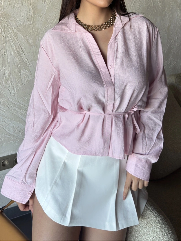 Pembe Gizli Düğme Bağlamalı Gömlek