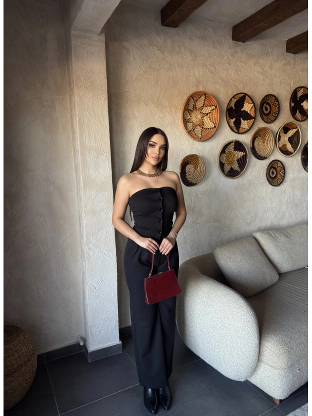 Siyah Düğme Detay Straplez Takım