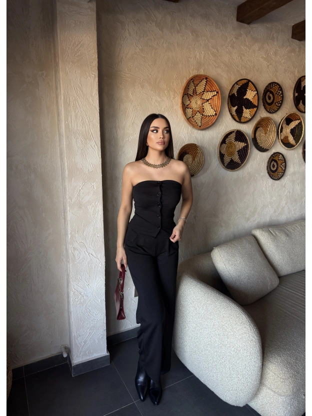 Siyah Düğme Detay Straplez Takım