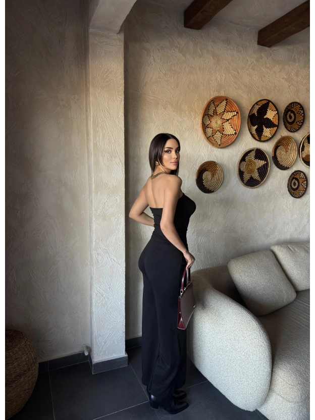 Siyah Düğme Detay Straplez Takım