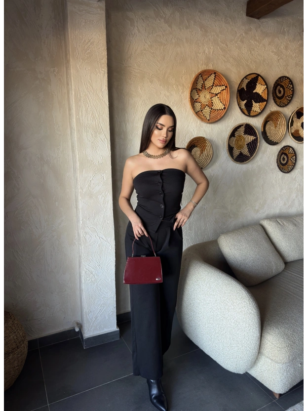 Siyah Düğme Detay Straplez Takım