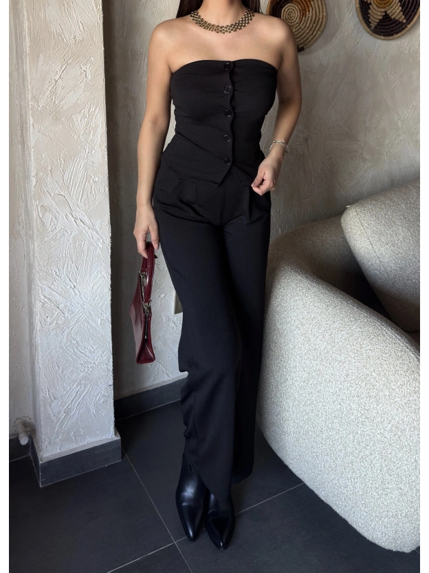 Siyah Düğme Detay Straplez Takım