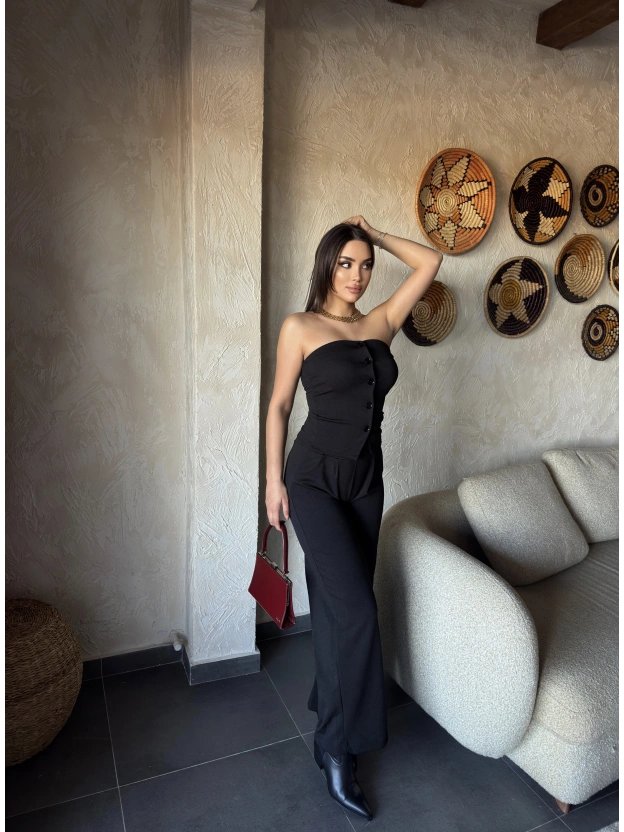 Siyah Düğme Detay Straplez Takım