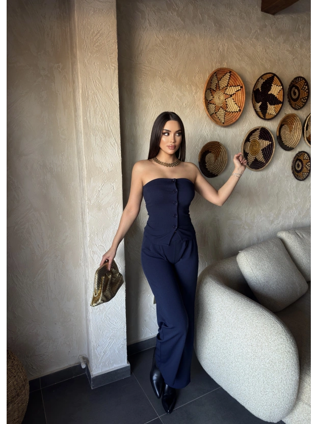 Lacivert Düğme Detay Straplez Takım