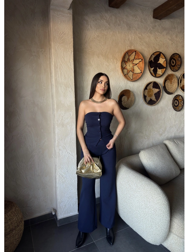 Lacivert Düğme Detay Straplez Takım