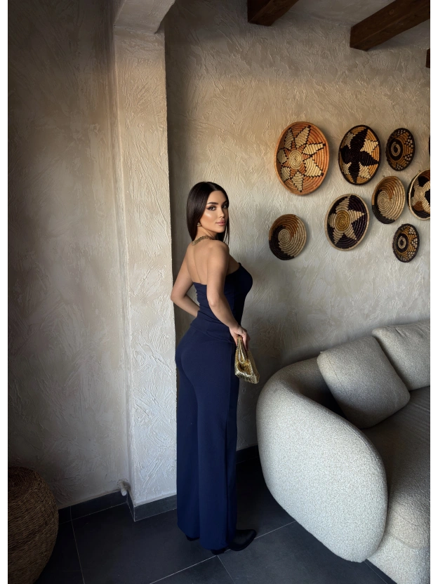 Lacivert Düğme Detay Straplez Takım