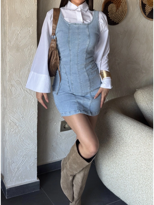 Buz Mavisi Pensli Mini Elbise