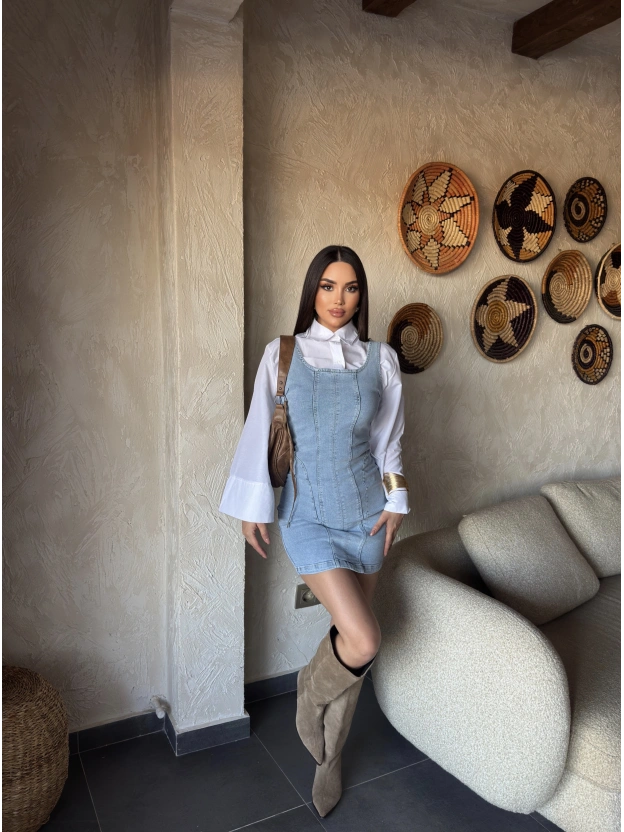 Buz Mavisi Pensli Mini Elbise