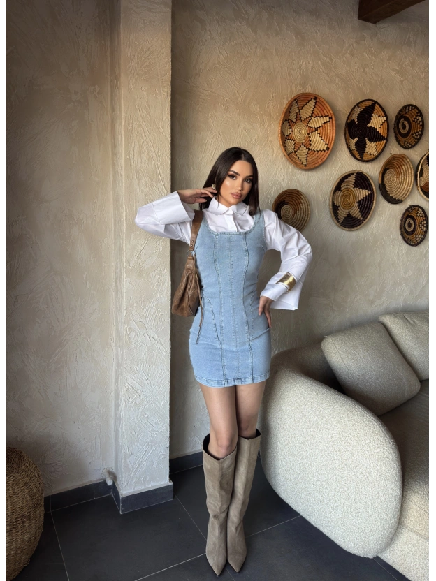 Buz Mavisi Pensli Mini Elbise