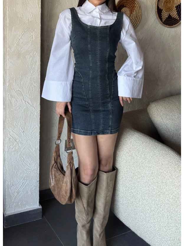 Koyu Mavi Pensli Mini Elbise