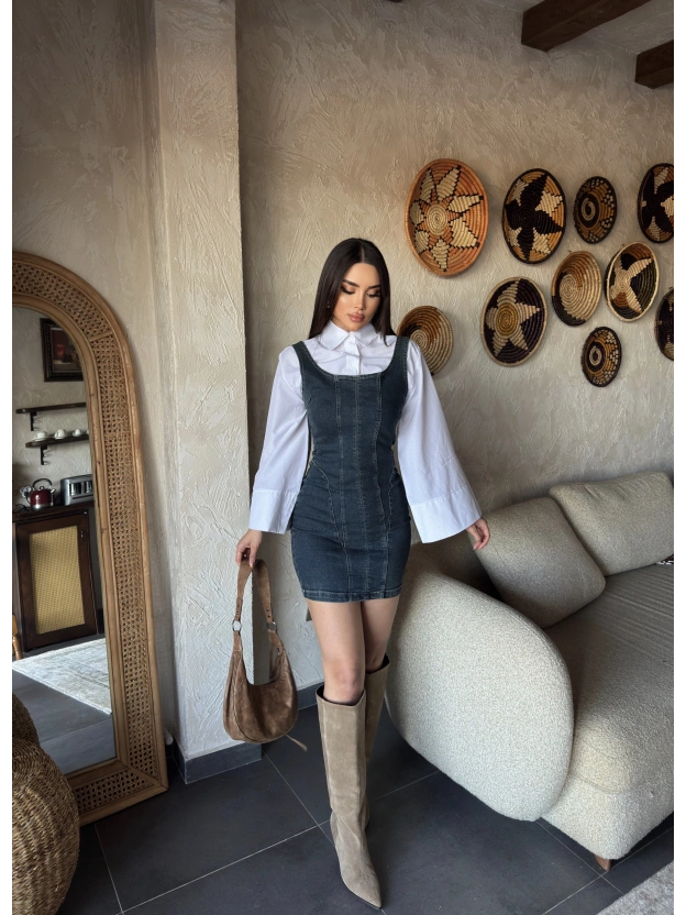 Koyu Mavi Pensli Mini Elbise