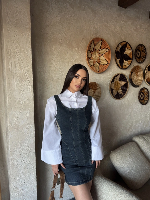 Koyu Mavi Pensli Mini Elbise