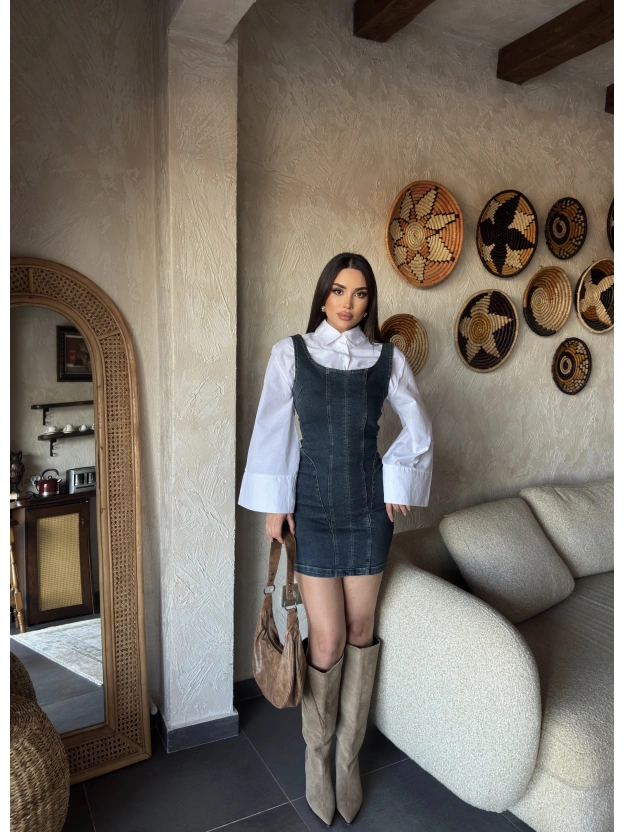 Koyu Mavi Pensli Mini Elbise