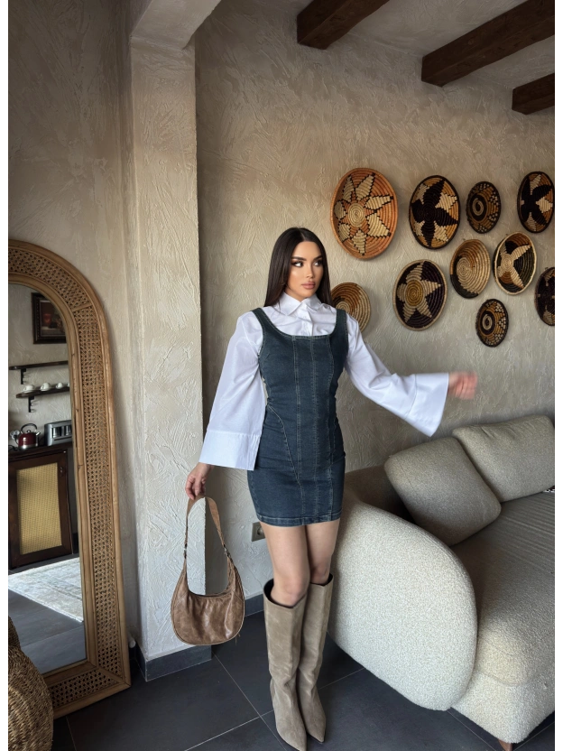 Koyu Mavi Pensli Mini Elbise