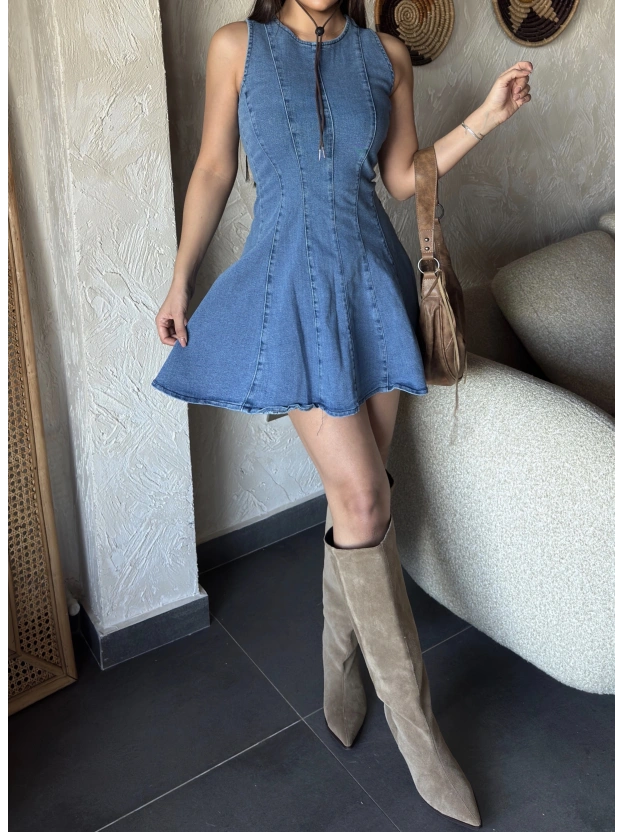 Bisiklet Yaka Eteği Pileli Denim Elbise