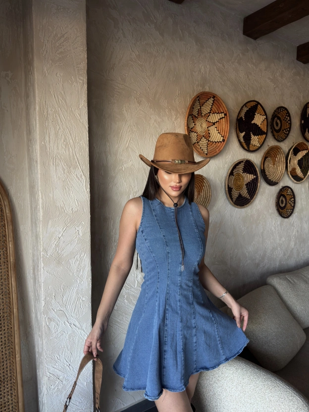 Bisiklet Yaka Eteği Pileli Denim Elbise