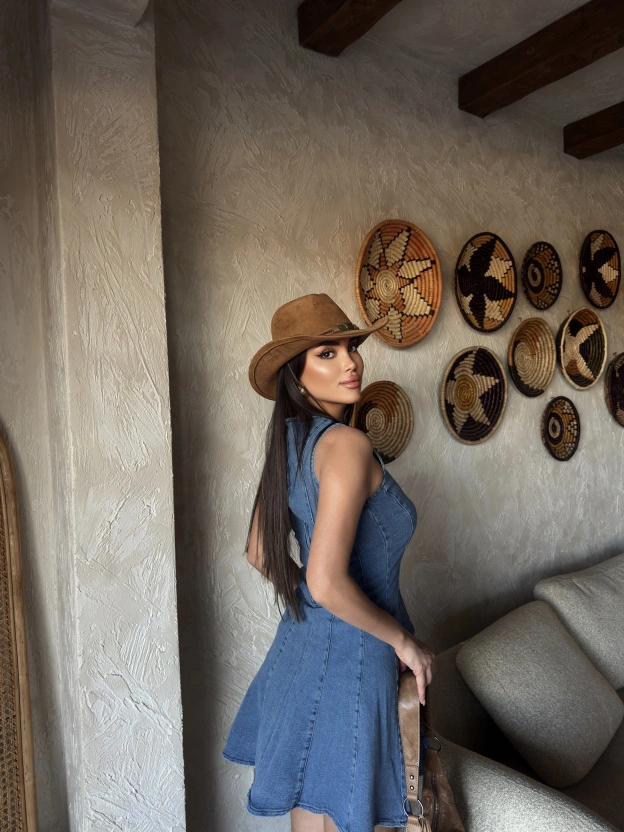 Bisiklet Yaka Eteği Pileli Denim Elbise