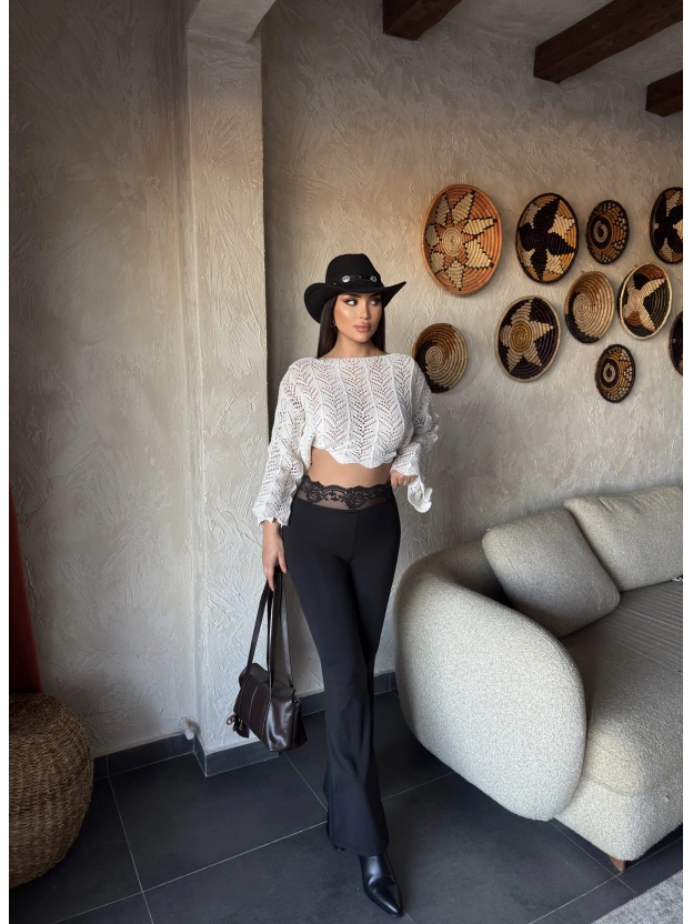 Siyah Dantel Detay Tayt Pantolon