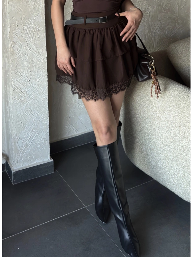 Kahverengi Dantel Detay Kemerli Kloş Etek