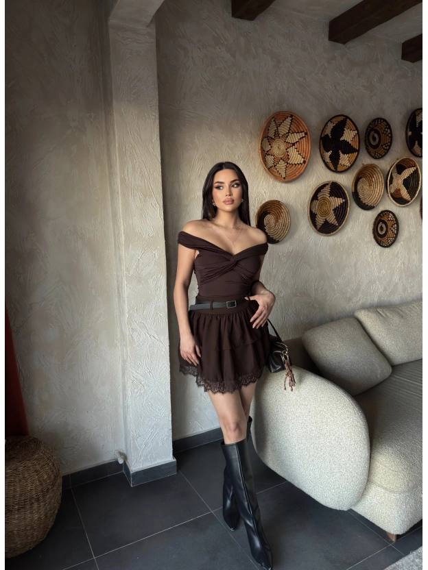 Kahverengi Dantel Detay Kemerli Kloş Etek