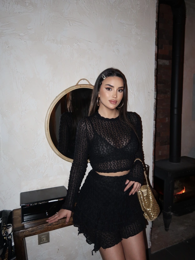 Siyah Dantel Kloş Etek Takım