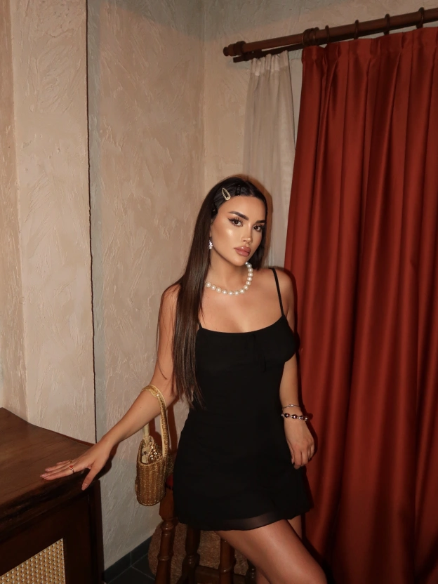 Siyah Kurdele Detay Mini Tül Elbise