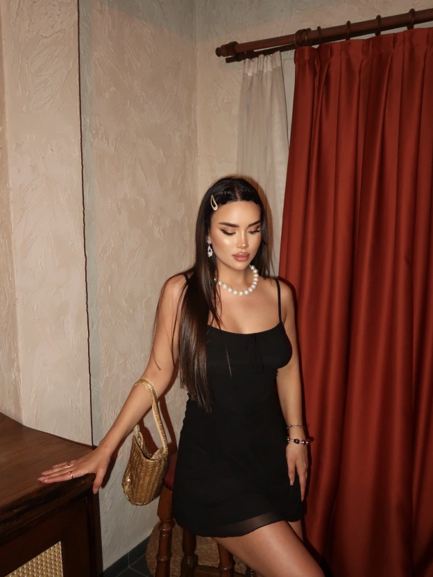 Siyah Kurdele Detay Mini Tül Elbise