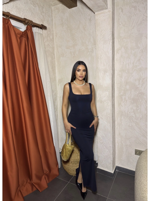 Lacivert Kare Yaka Drapeli Uzun Elbise