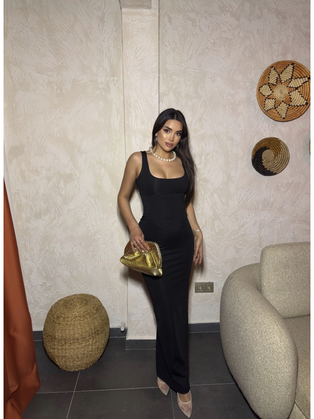 Siyah Kare Yaka Korseli Uzun Elbise