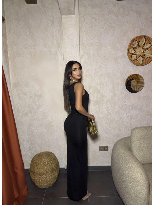 Siyah Kare Yaka Korseli Uzun Elbise