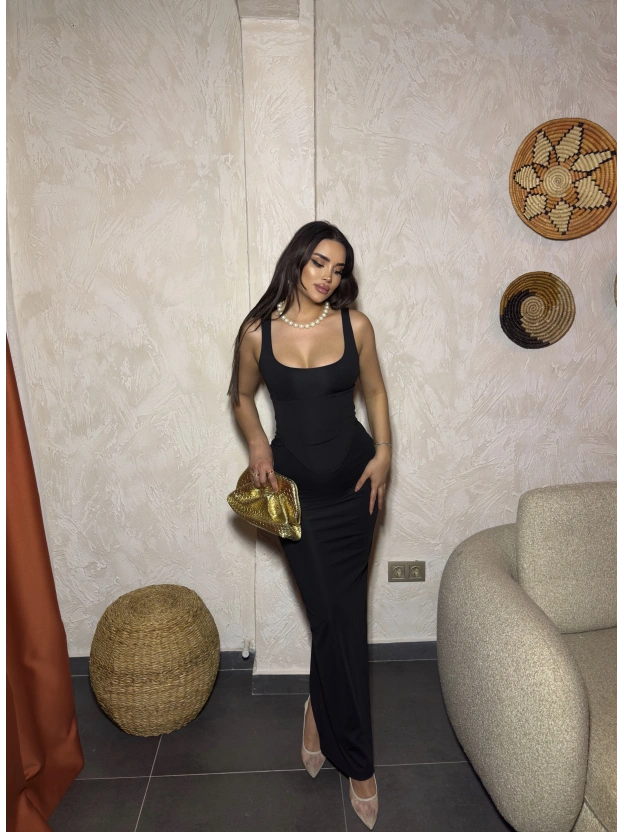 Siyah Kare Yaka Korseli Uzun Elbise