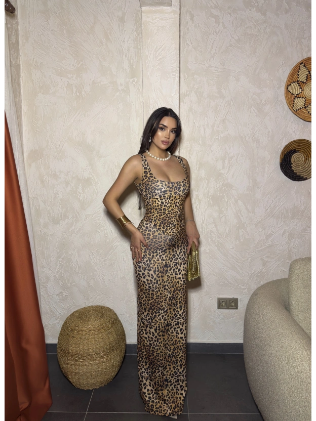 Leopar Kare Yaka Korseli Uzun Elbise