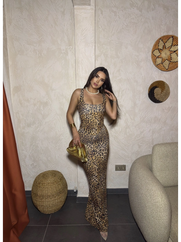 Leopar Kare Yaka Korseli Uzun Elbise