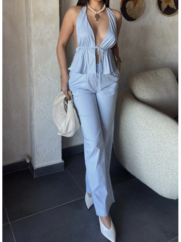 Mavi Çizgili Desen Boyundan Bağlamalı Takım