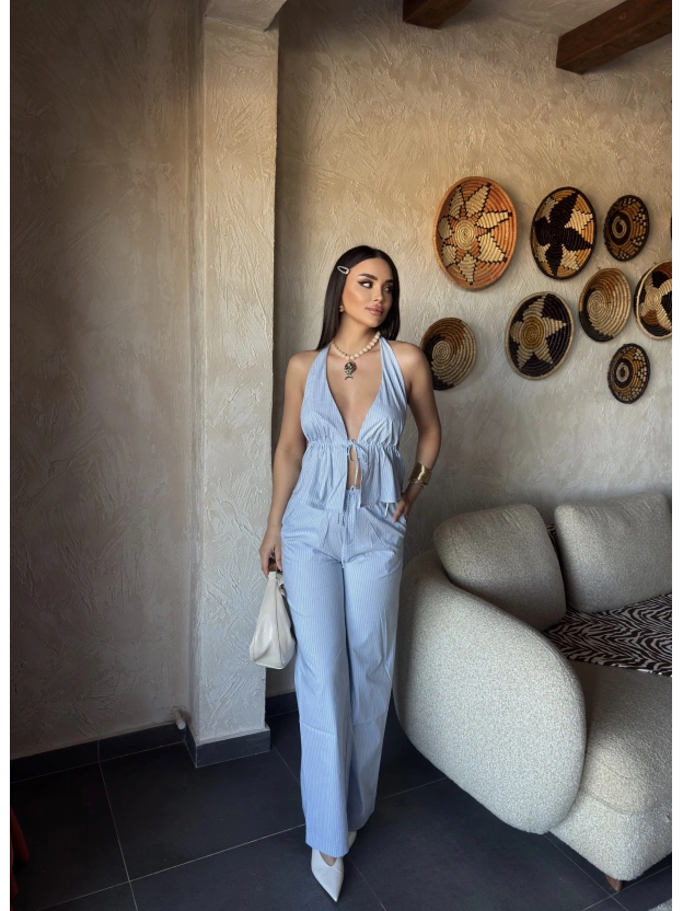 Mavi Çizgili Desen Boyundan Bağlamalı Takım