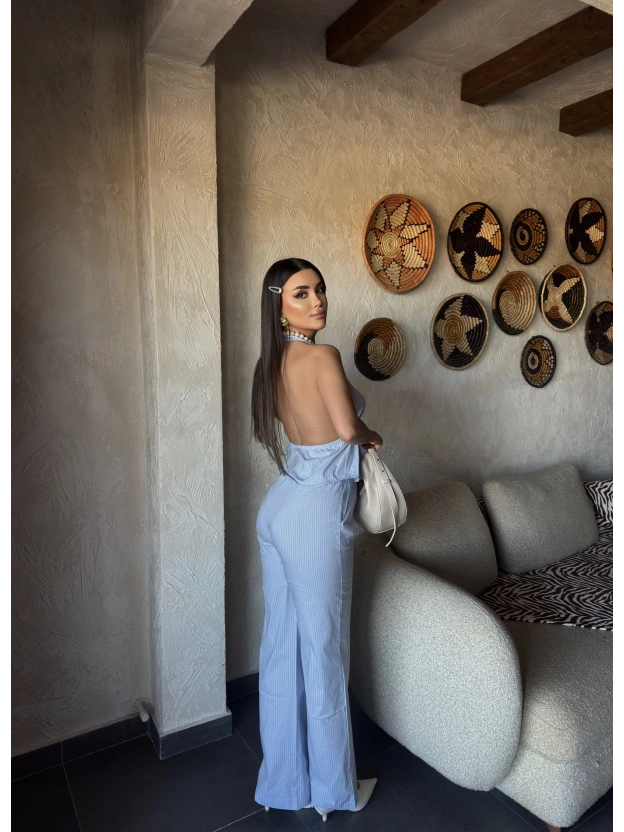 Mavi Çizgili Desen Boyundan Bağlamalı Takım