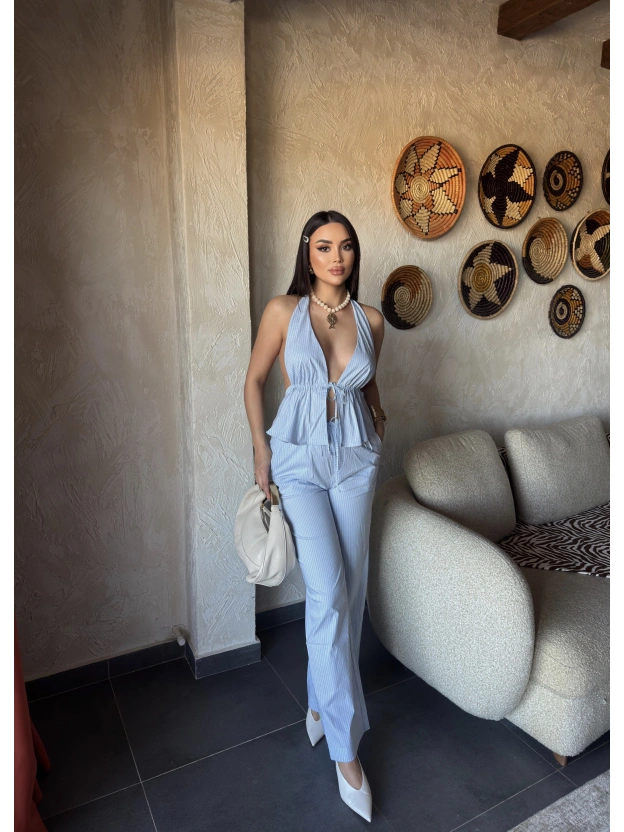 Mavi Çizgili Desen Boyundan Bağlamalı Takım