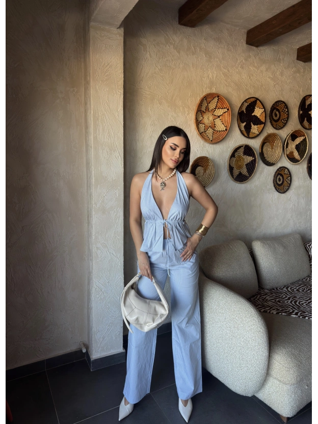 Mavi Çizgili Desen Boyundan Bağlamalı Takım