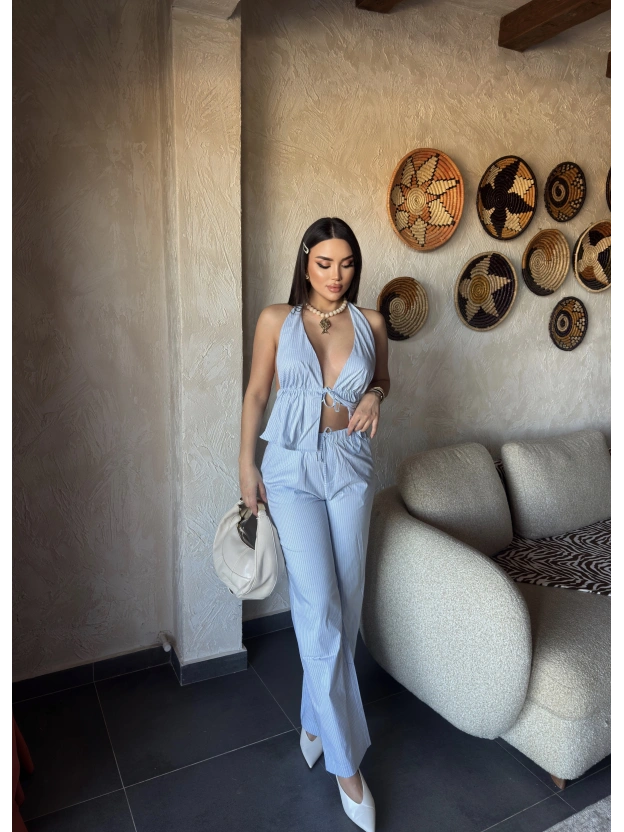 Mavi Çizgili Desen Boyundan Bağlamalı Takım