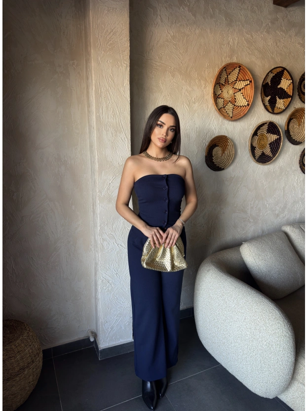 Lacivert Düğme Detay Straplez Takım