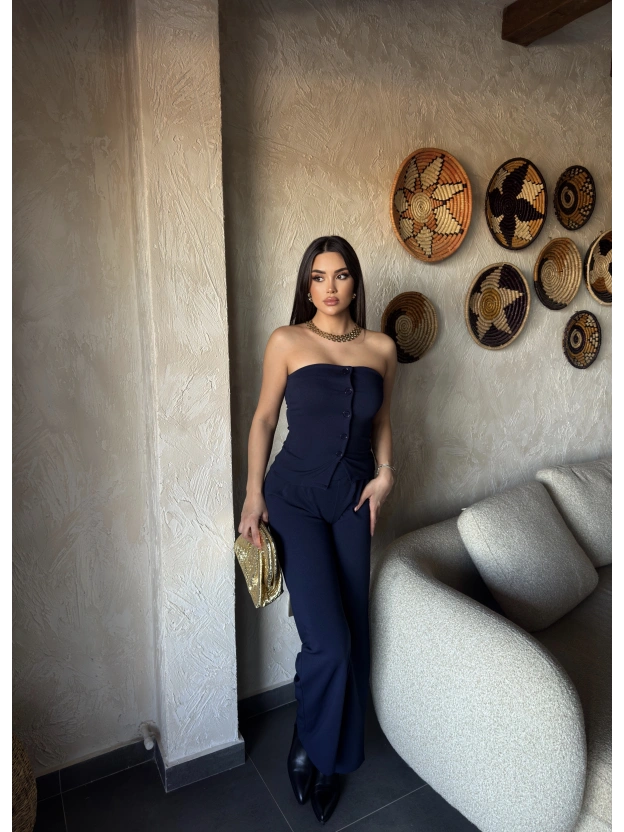 Lacivert Düğme Detay Straplez Takım