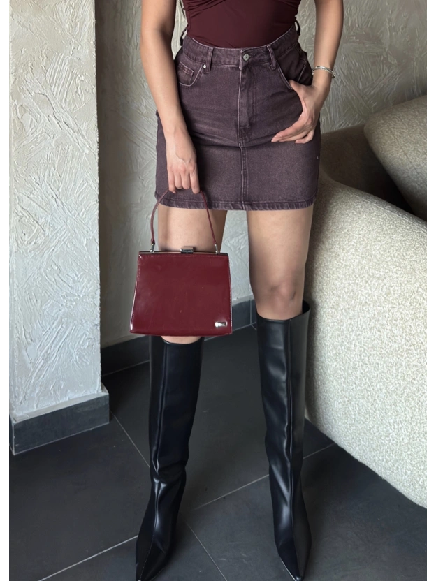 Bordo Yıkamalı Kot Etek